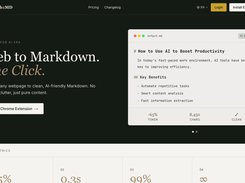 Web2MD landing-page hero displaying the text “Web to Markdown. One Click.” beside a light Markdown document panel with token, character, and clean-content metrics.