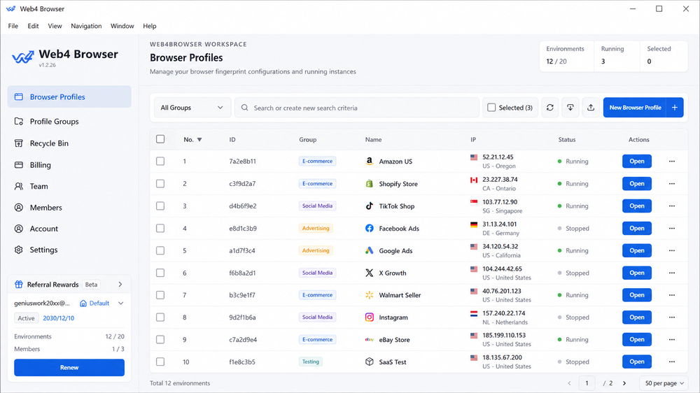 Manage independent browser environments with isolated profiles, proxy settings, and account configurations for multi-account operations.