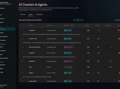 WebDecoy AI Crawlers & Agents page on the Agents tab, listing crawlers with categories, verification proof, and claimed, proven, unproven, and forged counts.