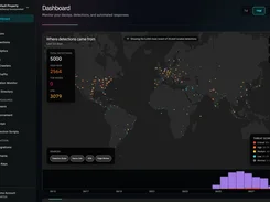 WebDecoy Dashboard showing a world map of detection locations, detection-risk totals, source filters, and a timeline histogram.
