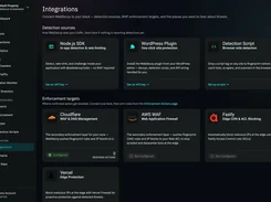 WebDecoy Integrations page showing detection-source options and enforcement targets including Node.js SDK, WordPress Plugin, Cloudflare, AWS WAF, Fastly, and Vercel.