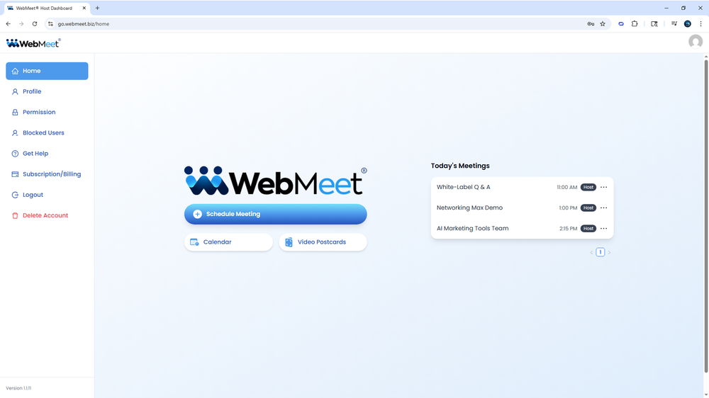 Use the WebMeet® Dashboard to stay organized, schedule meetings quickly, and manage your daily activity from one central place.