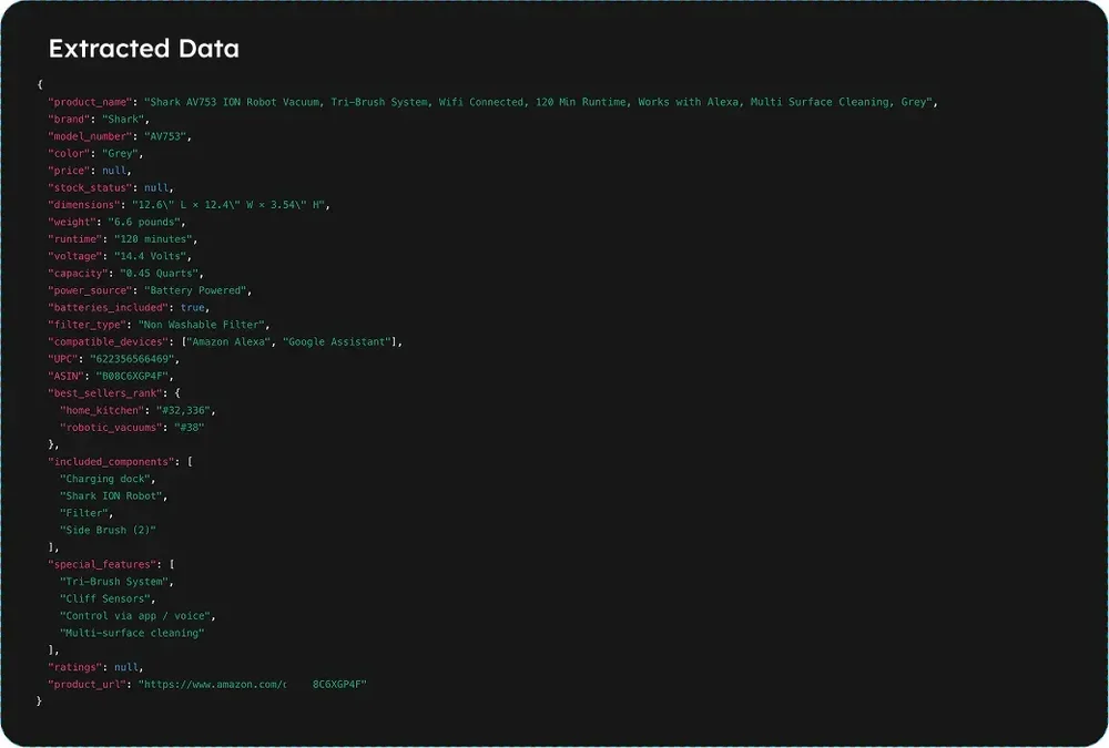 JSON-style extracted product data for a Shark robot vacuum.