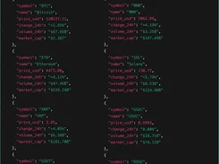 JSON-style extracted cryptocurrency prices, changes, volumes, and market caps.