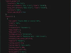 JSON-style extracted car-rental search parameters and vehicle offers.