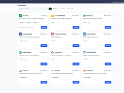 Webtrix24 Integrations page with cards for WhatsApp, Email, SMS, Facebook Pages, Instagram Business, LinkedIn Pages, Google Sheets, Google Drive, Google Calendar, India Mart, Just Dial, and Trade India.