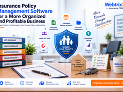 Webtrix24 Insurance CRM promotional diagram showing a central shield and labeled capabilities including client view, policy records, renewal reminders, document management, commission tracking, lead management, and reports.