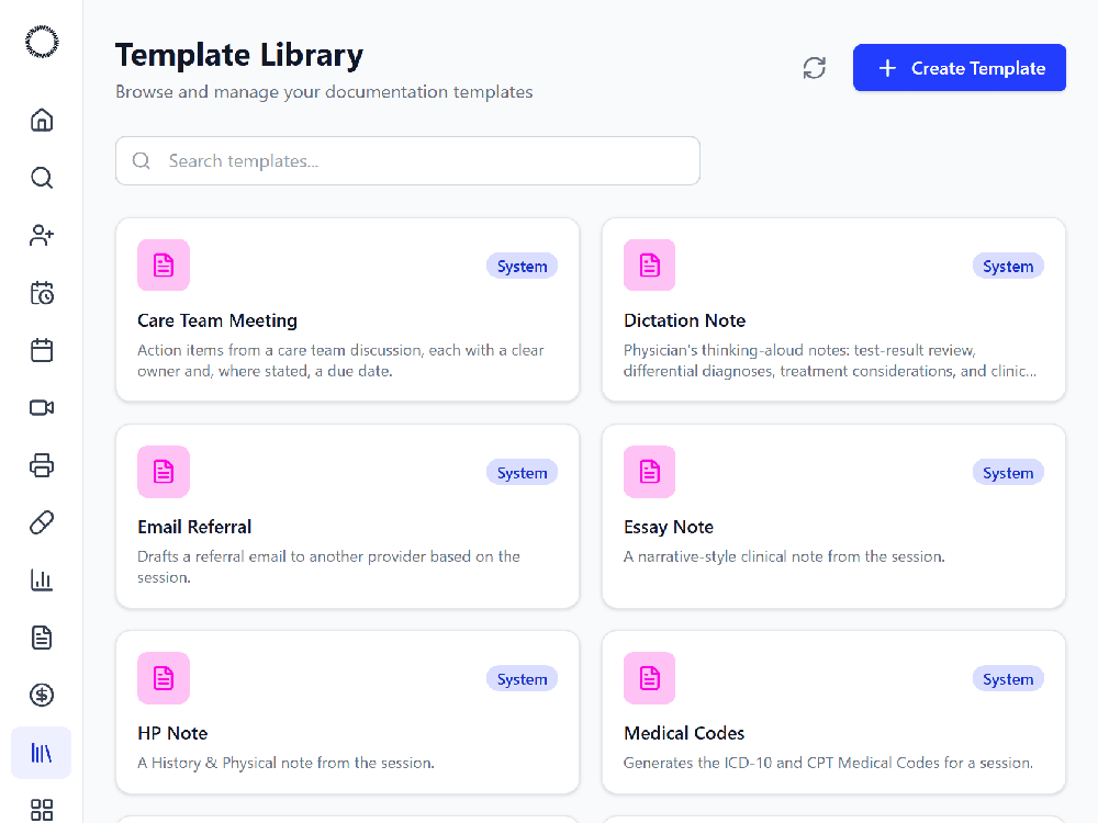 Whadata Template Library screen showing documentation-template cards including Care Team Meeting, Dictation Note, Email Referral, and Medical Codes.