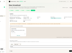 Review the selected template, audience, schedule and message preview before launching a WhatsApp campaign. Demo workspace; this campaign was not sent.