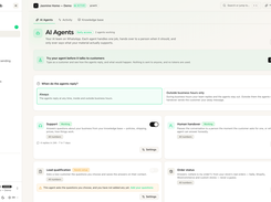 AI Agents in Early Access: support grounded in your knowledge base, human handover, reply schedules and readiness settings. Demo workspace; availability and usage limits apply.