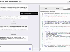 Whenever interface with workflow chat on the left and the Code tab on the right, displaying TypeScript workflow source code.