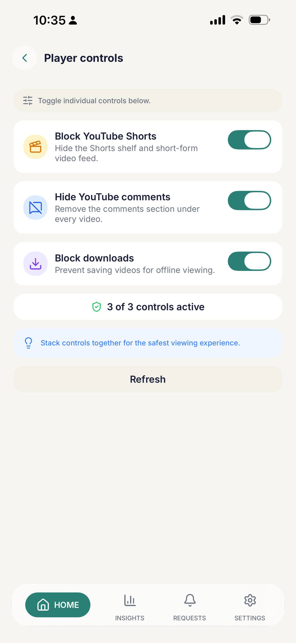 Parents app control screen