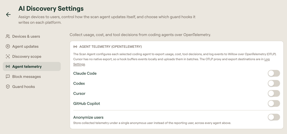 AI Discovery Settings page displays Agent telemetry controls for Claude Code, Codex, Cursor, GitHub Copilot, and user anonymization.
