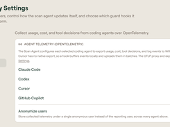 AI Discovery Settings page displays Agent telemetry controls for Claude Code, Codex, Cursor, GitHub Copilot, and user anonymization.