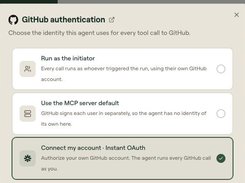 GitHub authentication dialog offers identity choices for agent tool calls, including initialator, MCP server default, and Instant OAuth.