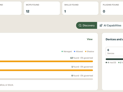 Discovery dashboard shows device, agent, MCP, skill, plugin, and shadow counts plus governance coverage and device-platform metrics.