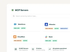MCP Servers page lists Salesforce, Atlassian, Cloudflare, and Slack with risk and active-status badges.