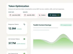 Token Optimization dashboard shows date controls, response-token and context-token totals, and a toolkit content-savings chart.