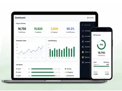 Production dashboard shown on laptop and mobile screens with output, efficiency, and line-status metrics.