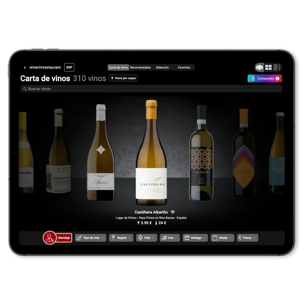 Tablet view of Winerim's Spanish wine catalog with bottle browsing, search, filters, and comparison controls.