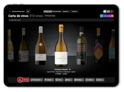 Tablet view of Winerim's Spanish wine catalog with bottle browsing, search, filters, and comparison controls.