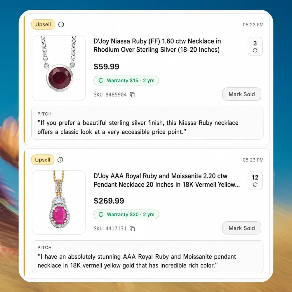 Interface cards labeled Upsell showing two necklace products with prices, warranties, stock counts, sales pitches, and Mark Sold buttons.