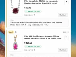 Interface cards labeled Upsell showing two necklace products with prices, warranties, stock counts, sales pitches, and Mark Sold buttons.