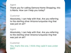 A conversation transcript card with Agent and Customer messages about a sterling silver turquoise ring, over a blurred floral background.