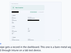 The bare-metal wipe in the dashboard: device, drive, method, standard and its certificate.