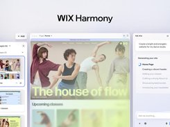 Wix Harmony interface showing a website editor with site-page thumbnails, a dance-studio webpage canvas, and an AI assistant panel generating a site.