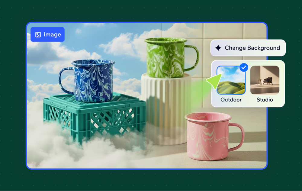 Wixel-style editor graphic showing three patterned mugs and a “Change Background” control with Outdoor and Studio background options.