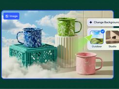 Wixel-style editor graphic showing three patterned mugs and a “Change Background” control with Outdoor and Studio background options.