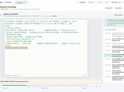 WND Terminal Session recordings page showing a recorded mainframe session, an event timeline, playback controls, and a verification status panel.