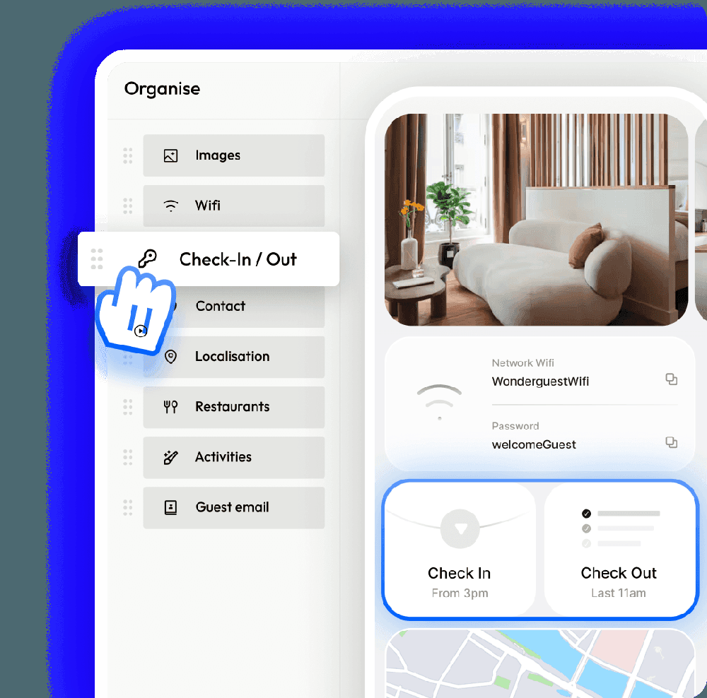 A WonderGuest organizer screen lists guide sections and displays a mobile guest-guide preview with Wi-Fi, check-in, check-out, and map cards.