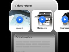 A mobile-style interface shows a Videos tutorial section with Jacuzzi, Barbecue, and Espresso video cards, plus Parking instructions and Access code sections.