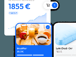 A services sales interface shows “REVENUS SERVICES 1855€,” a breakfast card, a late check-out card, and a cart badge.