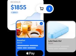 A services sales interface shows revenue of $1855, a breakfast option, a late check-out option, a cart badge, and an Apple Pay button.