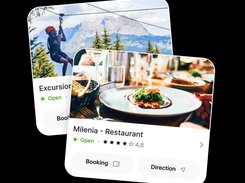 Two mobile-style cards show an excursion and the listing “Milenia - Restaurant,” including booking and direction buttons.