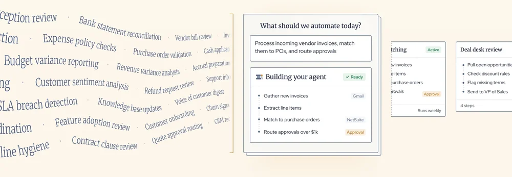 Woodrow agent-building interface graphic with a prompt to process vendor invoices, a “Building your agent” task list, and workflow cards for matching and deal desk review.
