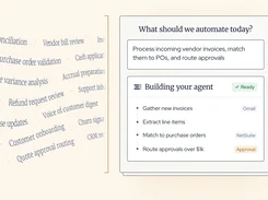 Woodrow agent-building interface graphic with a prompt to process vendor invoices, a “Building your agent” task list, and workflow cards for matching and deal desk review.