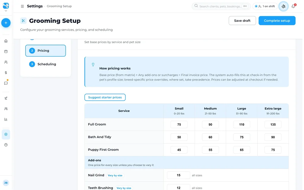 Woof grooming setup screen for service pricing by pet size and add-ons.