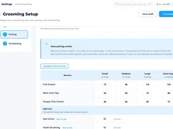 Woof grooming setup screen for service pricing by pet size and add-ons.