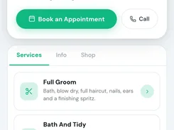 Mobile pet-grooming booking page with services, appointment booking, and call actions.