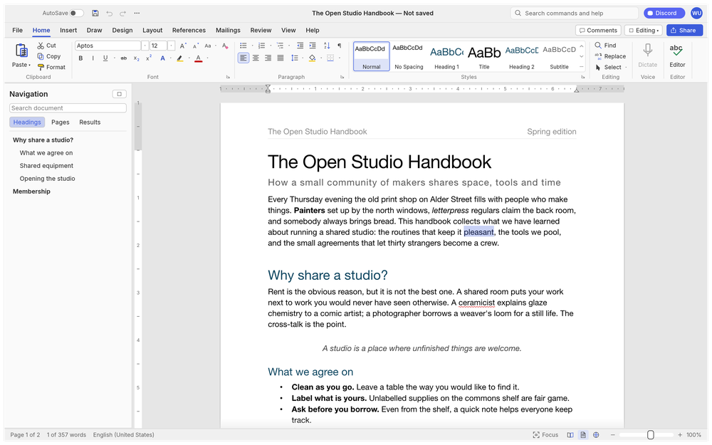 WordCraft word-processing window with the Home ribbon open, a navigation pane, and a document titled “The Open Studio Handbook.”