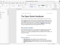 WordCraft word-processing window with the Home ribbon open, a navigation pane, and a document titled “The Open Studio Handbook.”