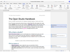WordCraft document window with the Review ribbon open and several comment balloons beside text in “The Open Studio Handbook.”