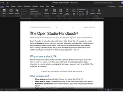 WordCraft in dark mode with the Insert ribbon open and formatting marks visible throughout a handbook document.