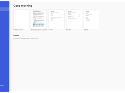 WordCraft start screen with a blue navigation sidebar and document templates for a blank document, studio handbook, letter, résumé, and report.