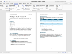 WordCraft window displaying two pages of “The Open Studio Handbook,” including a table of contents, an equipment table, and the References ribbon.