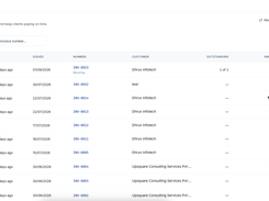 Invoices list with invoice status, due date, issue date, customer, outstanding count, and amount due.